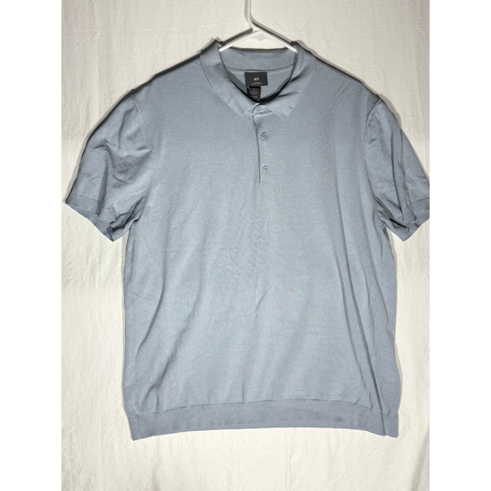H&M Mens Slim Fit Knit Polo Shirt Light Blue Viscose Blend XL Short Sleeve